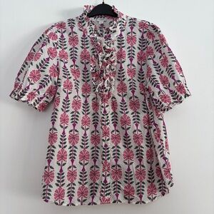 J. Crew Short Sleeve Buttoned Cotton Ruffle Blouse Size Large White Pink